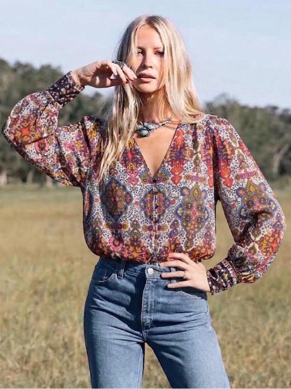 VERONICA BEARD $448 • 18” PTP • Sura Bohemian Blouse long sleeve fall 2020